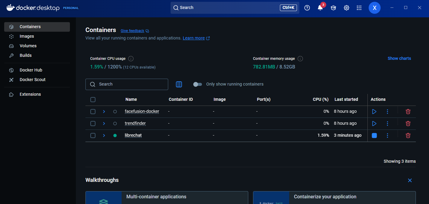 Docker Desktop with the user's application containers