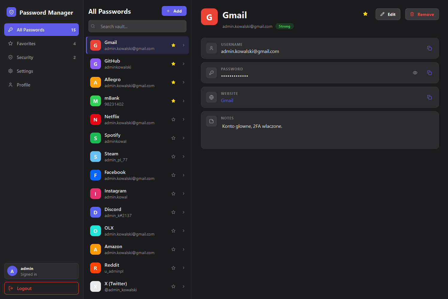 Password Manager - vault list with a Gmail entry open, showing username, password and notes fields