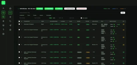 Job Search Aggregator - scraped offers table with filters, per-provider counts and AI analysis actions